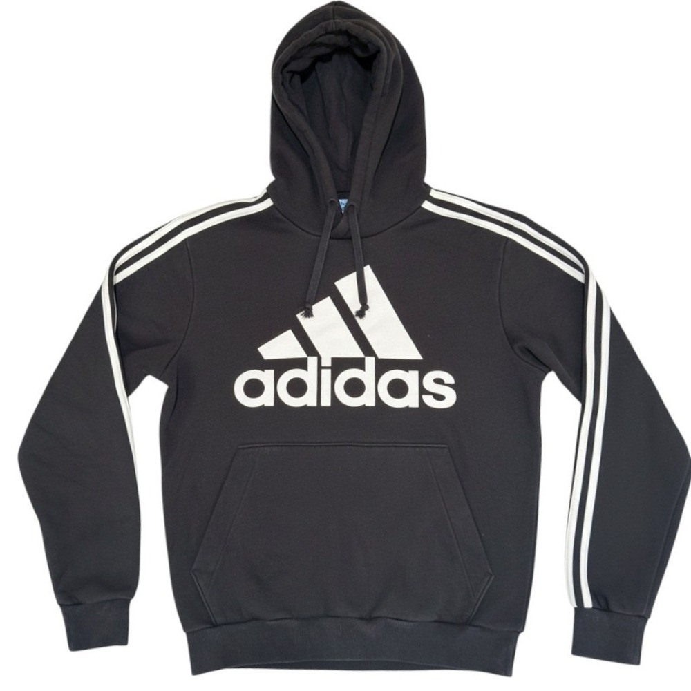 Adidas Hoodie Pullover Mens Small Black Cotton Blend 3-Stripe Logo Sporty Casual